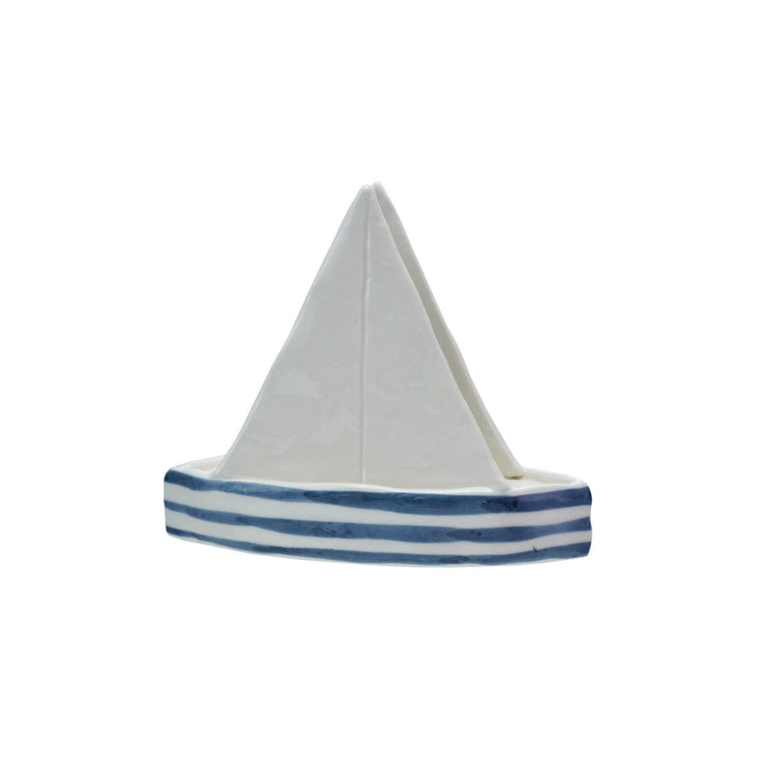 Stoneware Sailboat Shaped Napkin Holder with Stripes