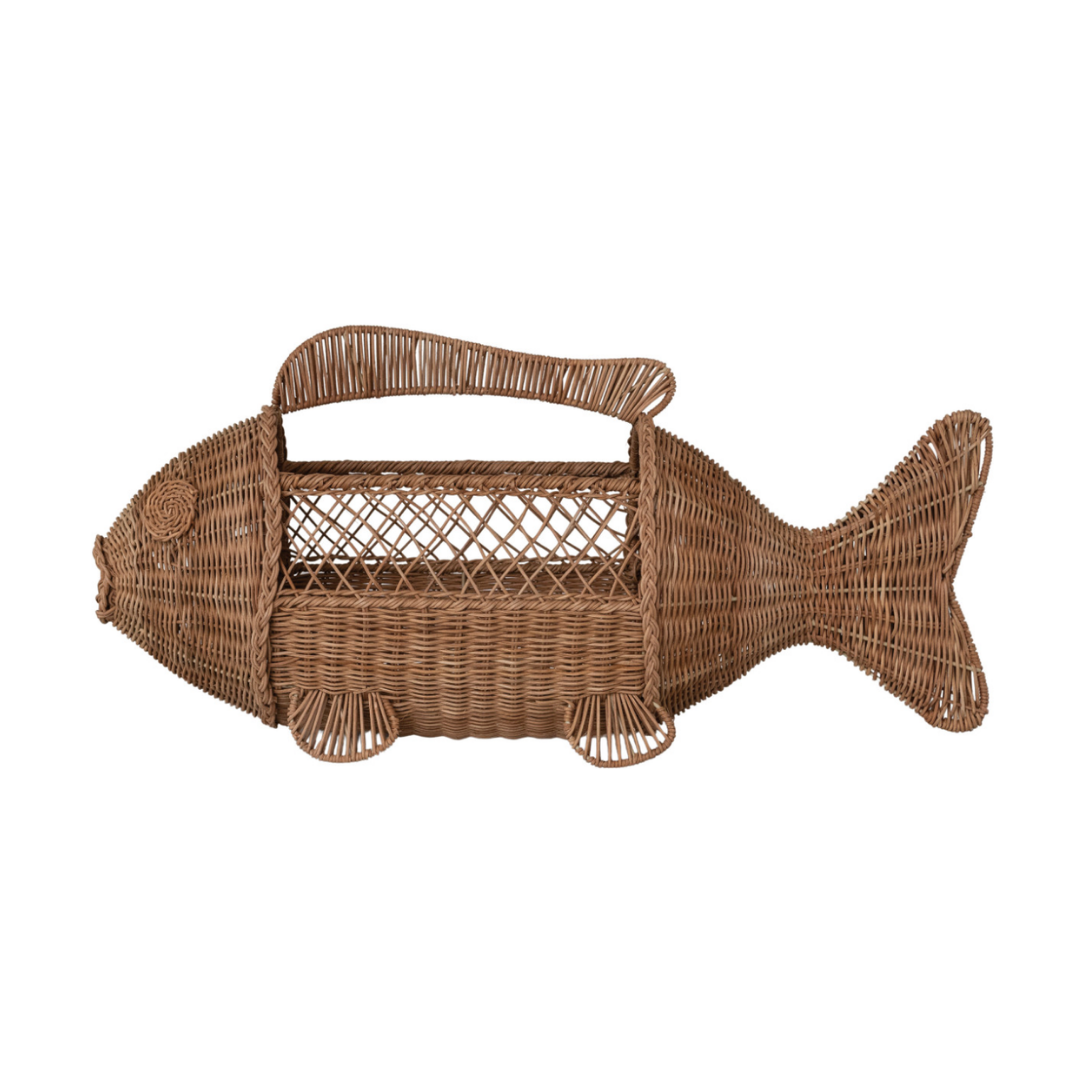 Hand-Woven Rattan & Wire Fish Shaped Container with Handle