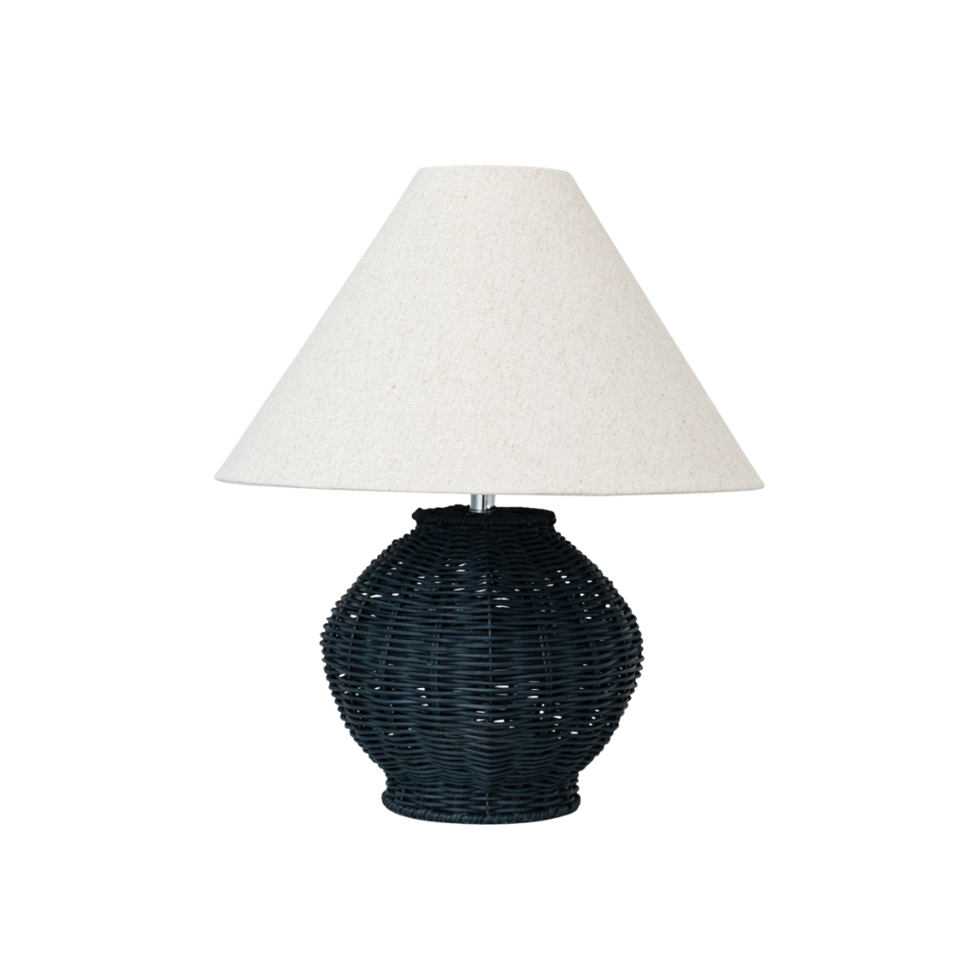 Hand-Woven Rattan Table Lamp with Linen Shade, Black