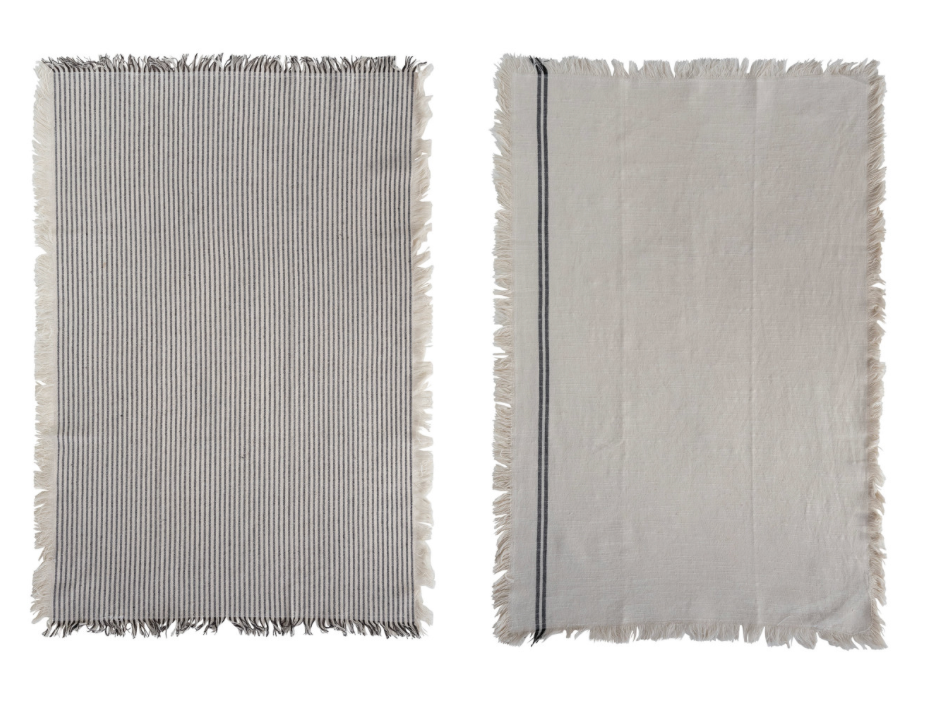 Woven Cotton Tea Towels w/ Stripes and Fringe - Set of 2