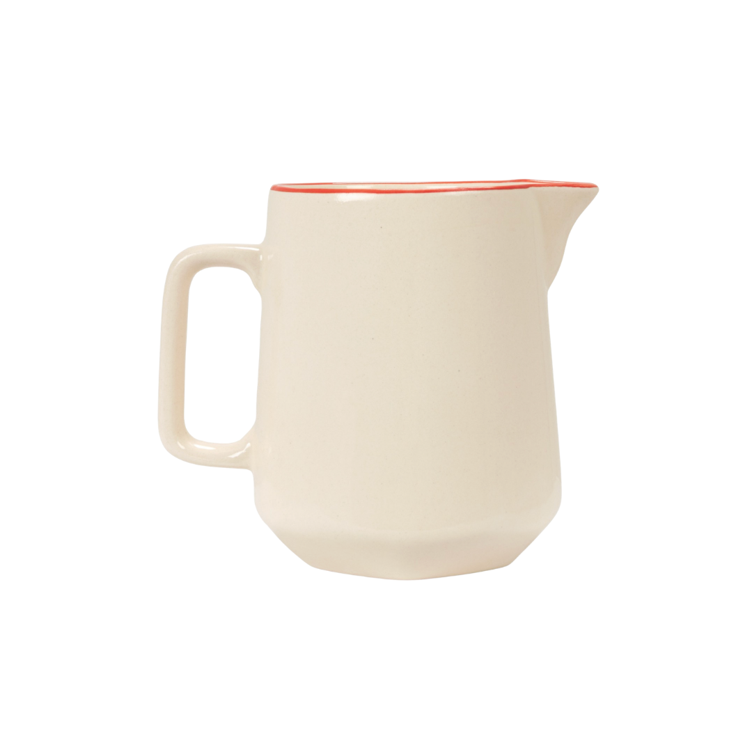 Cream Stoneware Pitcher with Red Rim