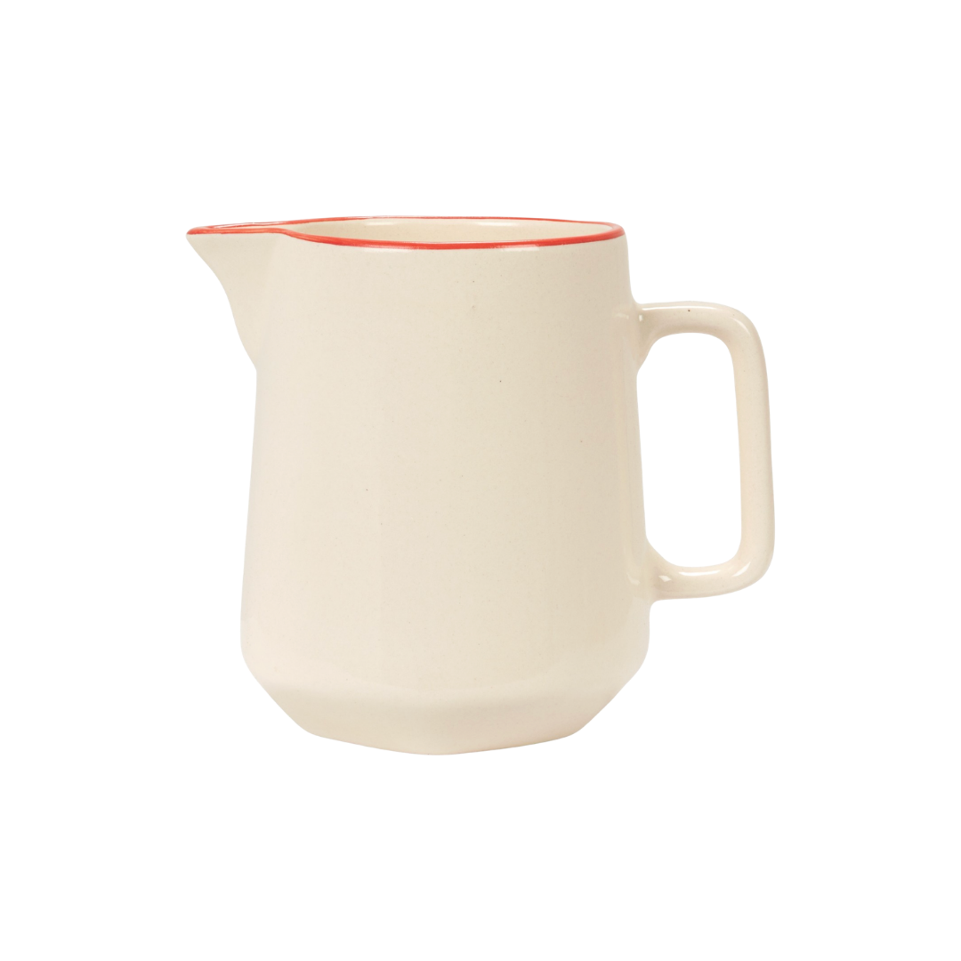 Cream Stoneware Pitcher with Red Rim