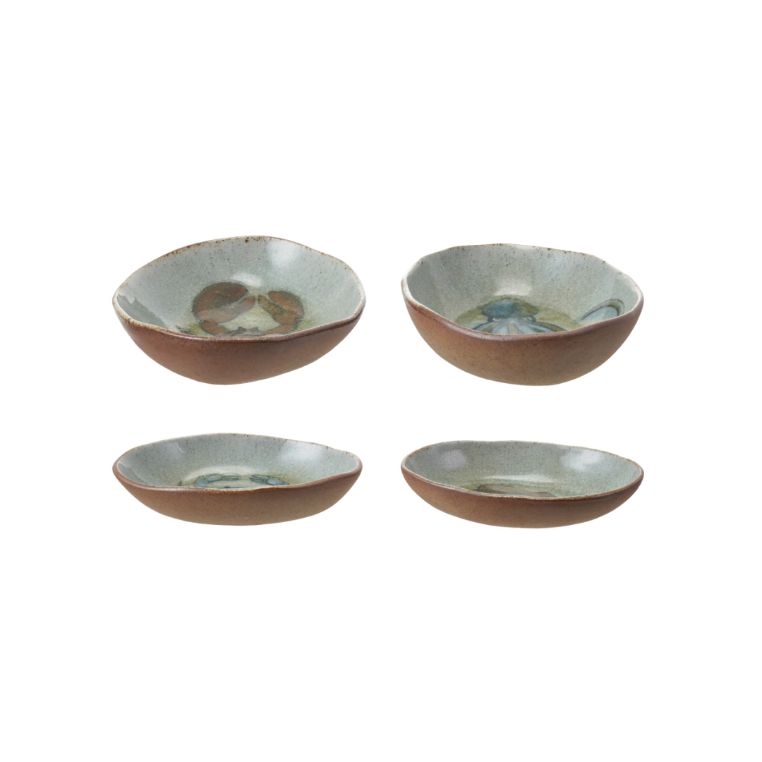 Hand-Painted Stoneware Dish with Sea Life Set