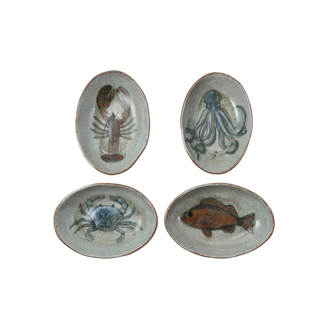 Hand-Painted Stoneware Dish with Sea Life Set