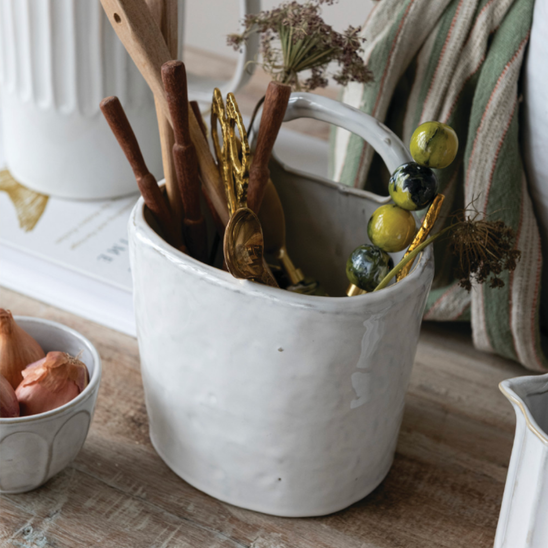 White Stoneware Crock with Handle