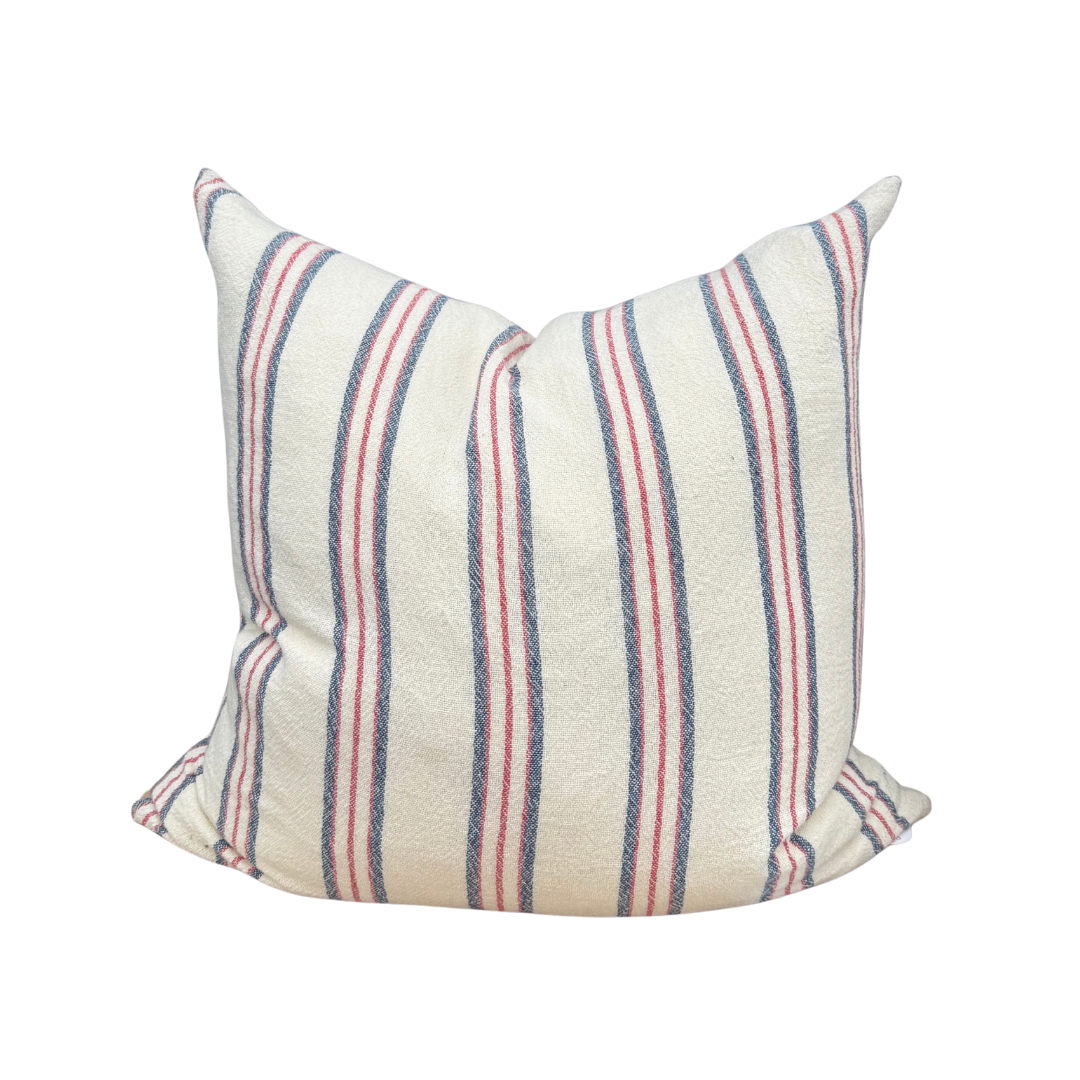 Vintage Red + White + Blue Striped Pillow