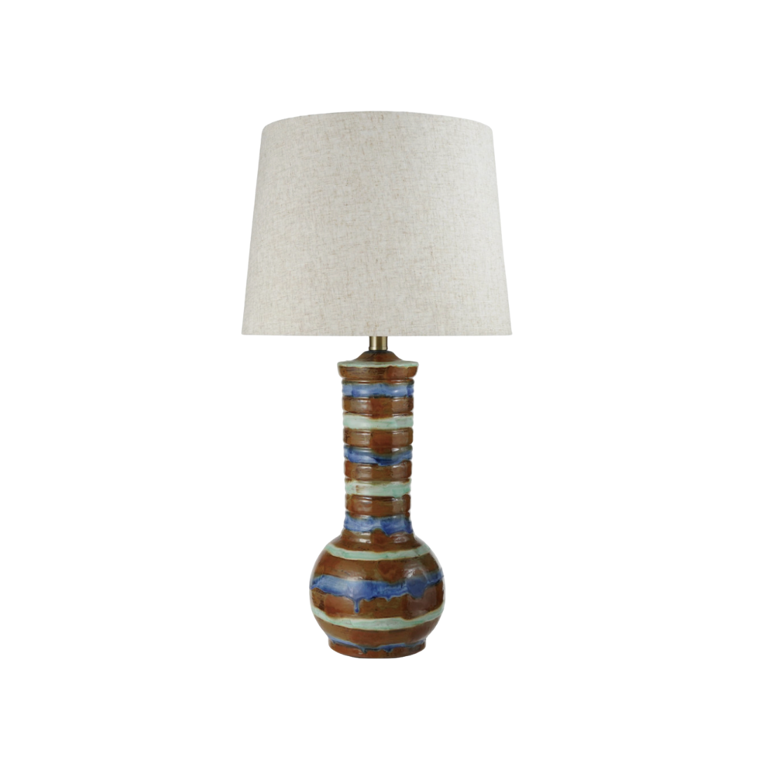 Hand-Painted Stoneware Striped Table Lamp with Linen Shade