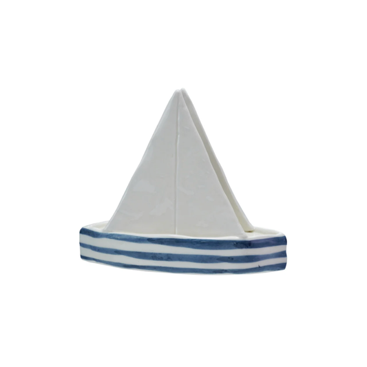 Stoneware Sailboat Shaped Napkin Holder with Stripes