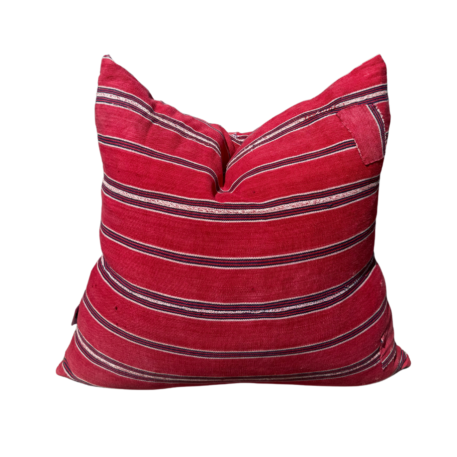 Vintage Red with White + Blue Stripe Pillow
