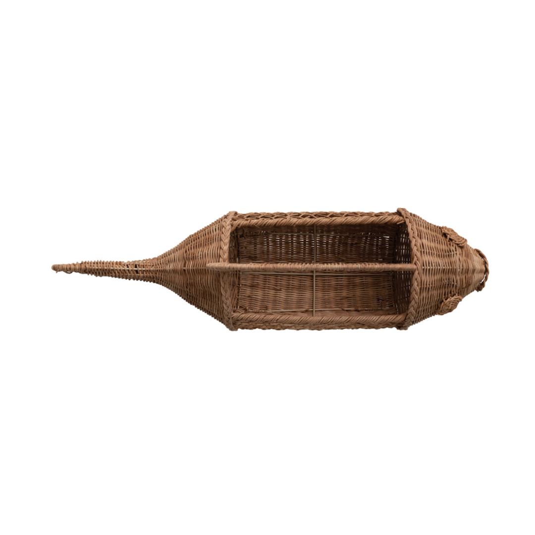 Hand-Woven Rattan & Wire Fish Shaped Container with Handle