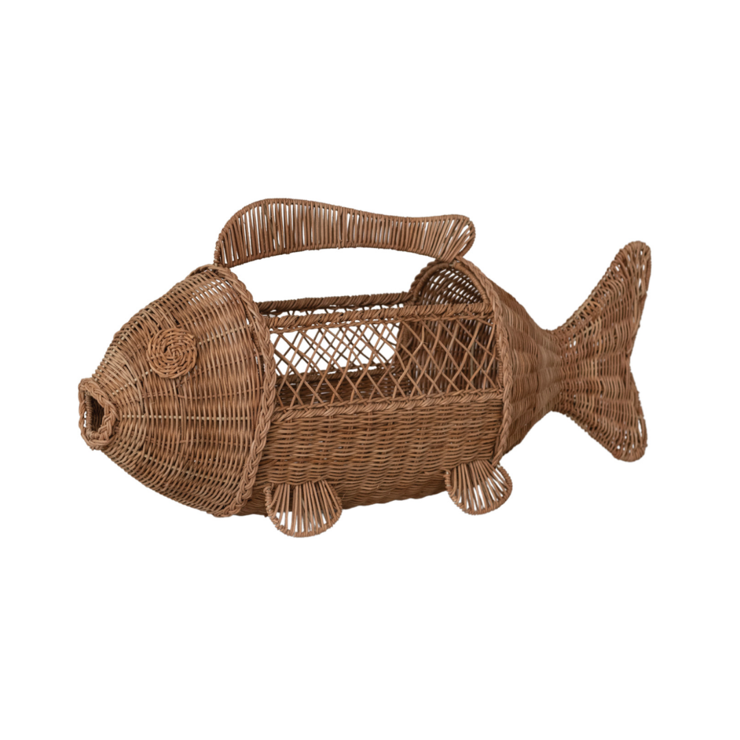 Hand-Woven Rattan & Wire Fish Shaped Container with Handle