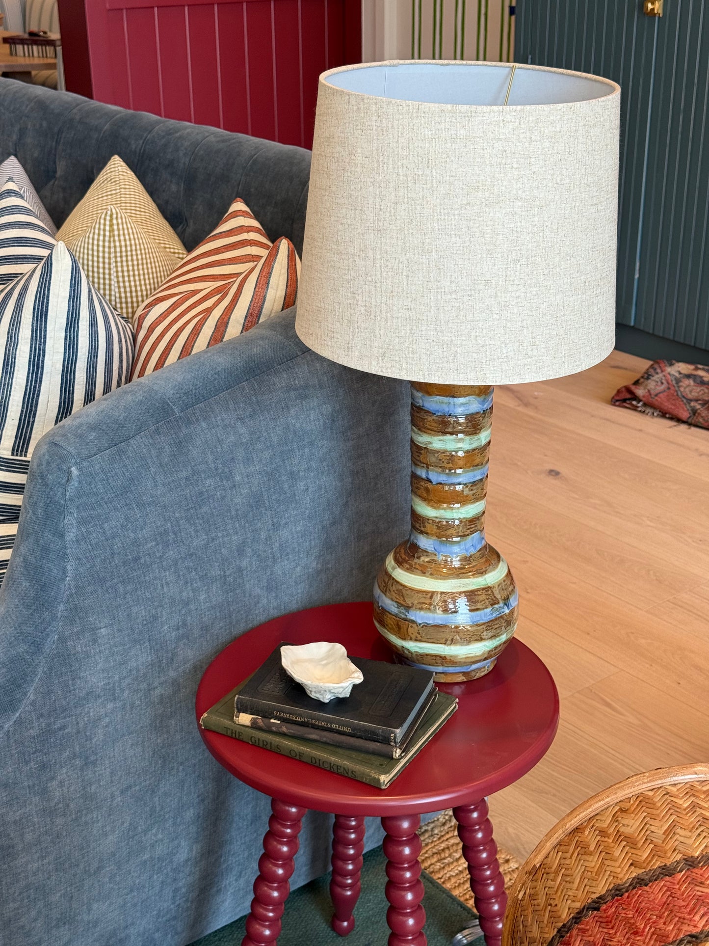 Hand-Painted Stoneware Striped Table Lamp with Linen Shade