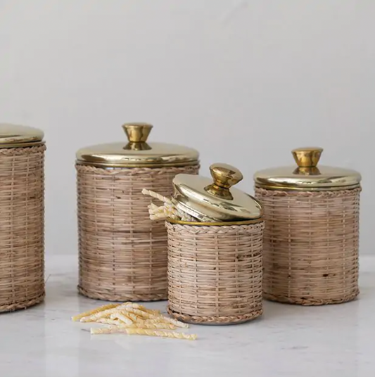 Rattan Wrapped Stainless Steel Canisters