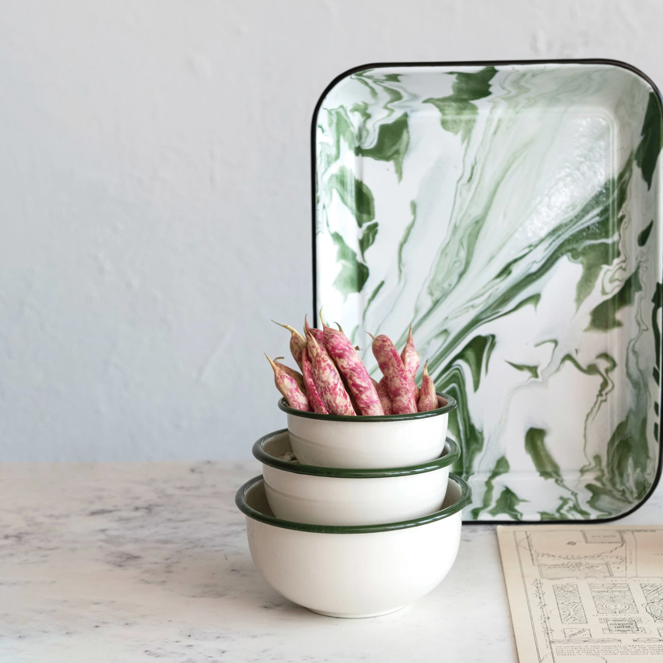 Green Rim Enameled Bowl Set