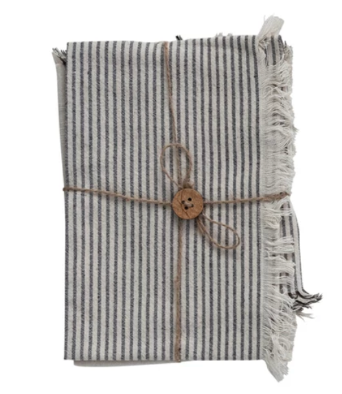 Woven Cotton Tea Towels w/ Stripes and Fringe - Set of 2